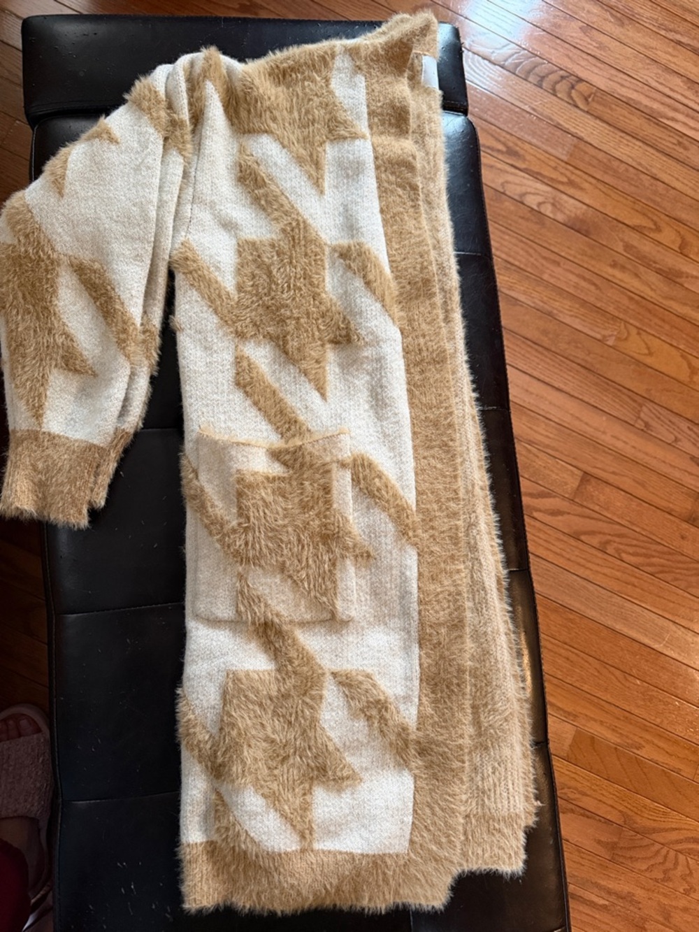 Lush Cream and Tan Fuzzy Houndstooth Long Cardigan